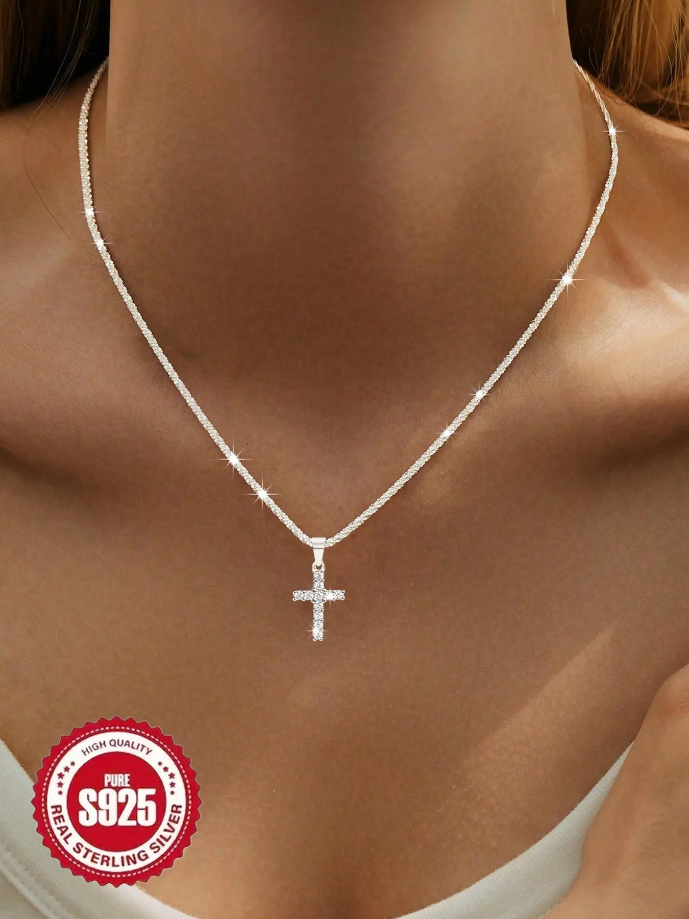 S925 Sterling Silver Fashion Cross Pendant Necklace for Women, Simple Fashion Jewelry for Party, Daily Decor, Trendy All-match & Exquisite Jewelry for Birthday Gift, Sparkling CZ Necklace, Zircon Necklace, Symbol Necklace, Cross necklaces