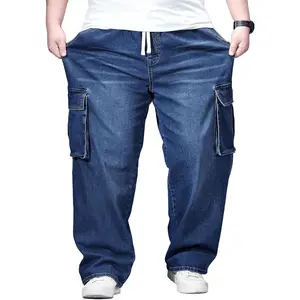 Big and Tall Cargo Jeans Relaxed Fit Stretch Denim Pants Drawstring Waist Baggy Jeans with Pockets