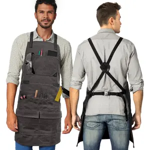 Woodwork Apron - 12 pockets & loops, Waxed Canvas, Cross-Back, Leather Reinforcement - Carpenter, Workshop, Tool