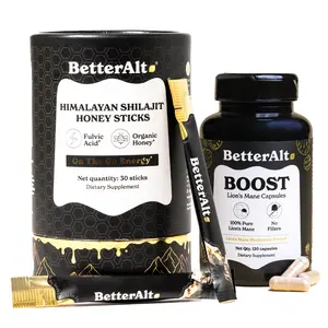BetterAlt GOLD+ Shilajit Honey Sticks + BetterAlt Lions Mane Mushroom Capsules | 30 Sticks + 120 Capsules