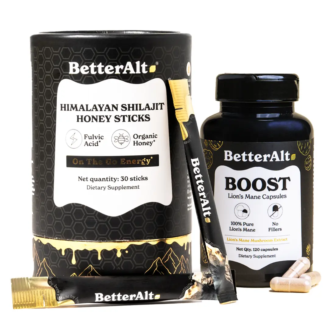 BetterAlt GOLD+ Shilajit Honey Sticks + BetterAlt Lions Mane Mushroom Capsules | 30 Sticks + 120 Capsules