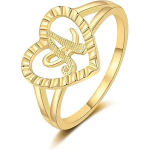Soocosisx Niche Versatile Copper Gold-Plated 26 English Letter Ring with Heart Hollow Design, DDJZ0008 Adjustable Ring Jewelry 14K Gold-Plated