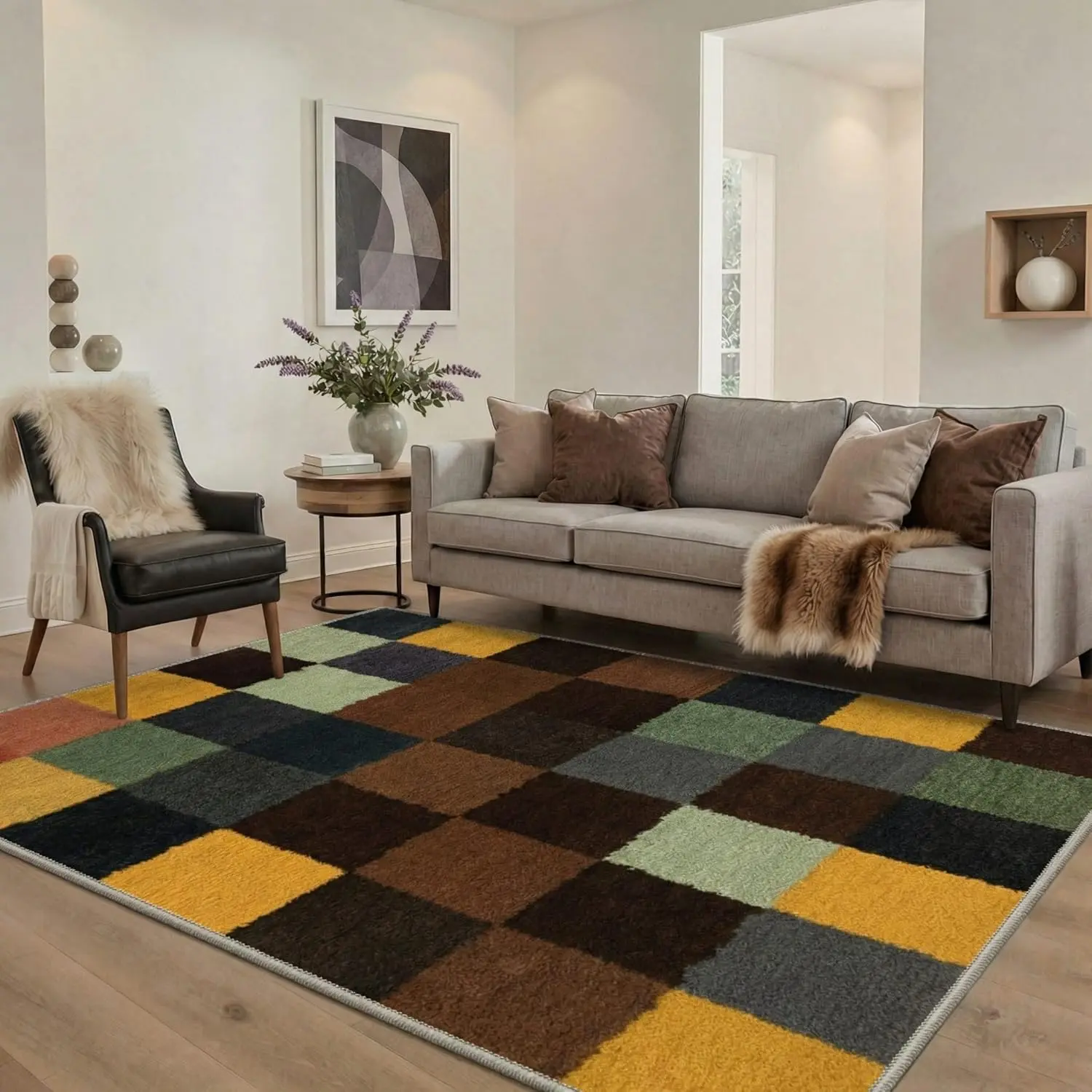 【Back To School】GENIMO Polyester Washable Area Rug - Non-Slip Backing, Low Pile, Lightweight Checkerboard Print, Compact Single Rug for Home Rooms Living/Dining, Earthy Ochre