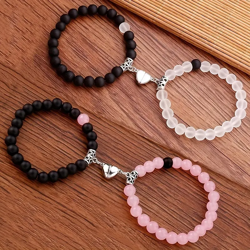4pcs/Set Charms Elegant Charms Black & White Stretchable Heart Matching Bracelets, Ideal Gift for Best Friends, Couples, Family Members, Charms Handmade Beaded Bracelet Set Valentine's Day Jewelry Gift