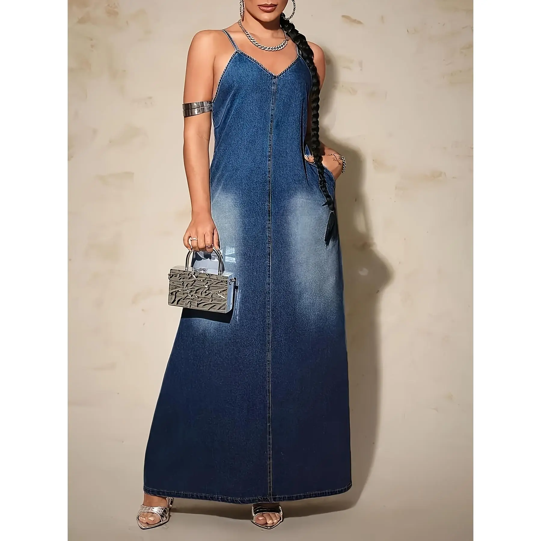 Elegant Plus-Size Denim Maxi Dress for Women - Sleeveless V-Neck with Side Pockets, Stretch Fabric, Casual to Semi-Formal Style, Perfect for Mother's Day Gift or Casual Attire, Denim Dress - TikTok Shop Elegant Plus-Size Denim Maxi Dress for Women - Sleeveless V-Neck with Side Pockets, Stretch Fabric, Casual to Semi-Formal Style, Perfect for Mother's Day Gift or Casual Attire, Denim Dress - TikTok Shop