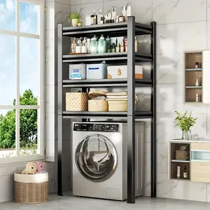 4-Tier Heavy-Duty Metal Garage Storage Rack Height-Adjustable Open-Bottom Design for Garages Laundry Rooms Kitchens Washing Machines Organizer Set Black Wood Super-Strong Construction