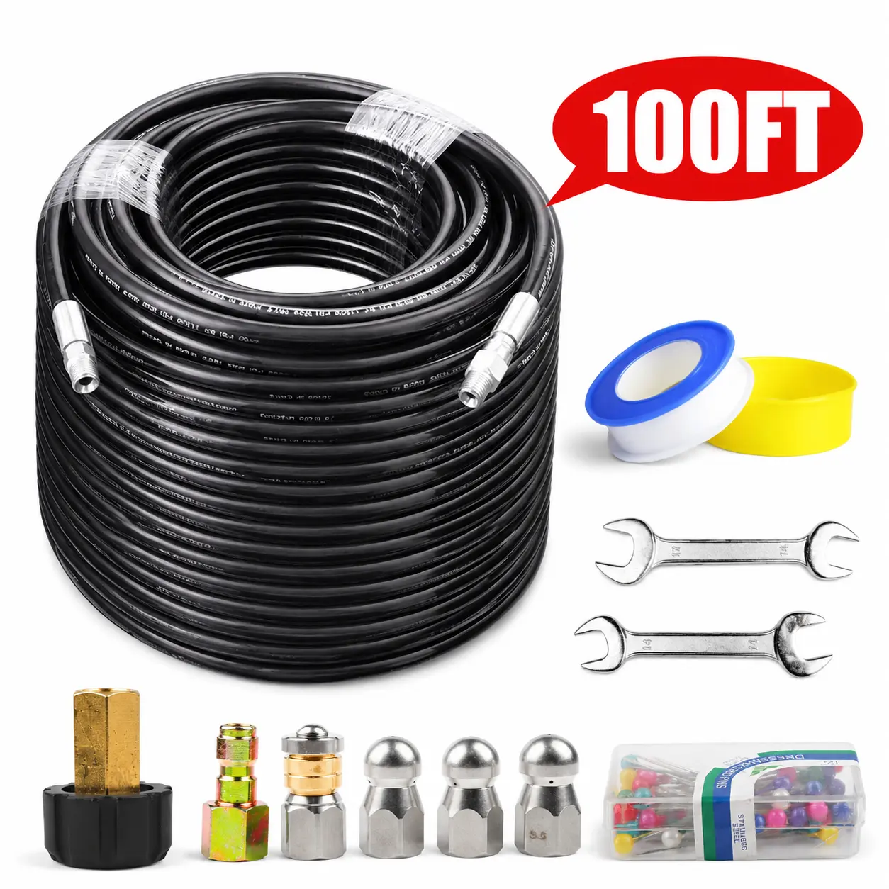 Heavy Duty Pressure Washer Sewer Jetter Kit - 100FT Polyurethane Drain Cleaner Hose, 5800 PSI Drain Unclogger, Quick Connect Kit with M22-1/4 Inch NPT Fittings, NPT Couplers, Waterproof Tape, Ideal for Driveways, Gutters, Father's Day Gift, Windows, Sidin