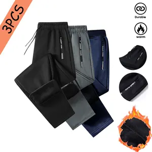 Fleece Joggers for Men - 3 Pack | Warm Thick Sweatpants with Zipper Pockets, Durable Straight-Leg Loungewear (Black, Grey, Blue) fleece-lined winter jogger Unisex Polyester Casual Pants casual home Elastic Waist Fleece-Lined cold weather hiking