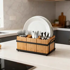 OUTGOODS Wood Kitchen Utensil Holder with 4 Removable Compartments – Metal Frame – Wooden Flatware Organizer for Countertop, Buffet, Picnic, Party, Home Décor