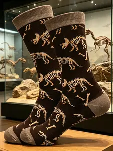 Men's Dinosaur Skeleton Crew Socks, Retro Style, Elastic Breathable Anti-Odor, Wear-Resistant Ankles, Ideal for Daily & Trendy