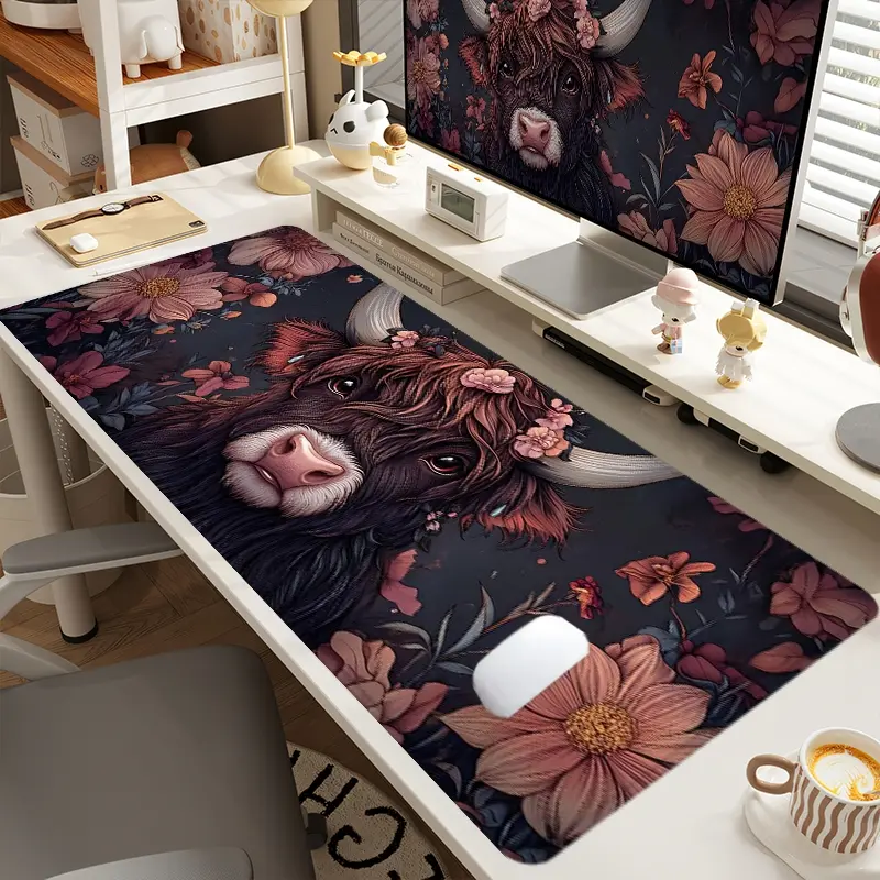 1pc Extra Large Flowers and Cow Mouse Pad Desk Mat Cute Desk Pad, Aesthetic Desk Accessories, Computer Keyboard Mousepad with Non - Slip Rubber Base Durable Stitched Edge Perfect Gift for Home and Office