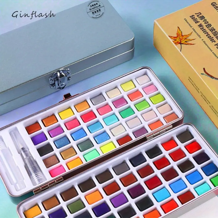 Ginflash Solid Watercolor Paints Set (50/90/100 Colors) with Glitter Fluorescent Pigments, Art Drawing Supplies, DIY Painting Supplies for Outdoor & Nail Art