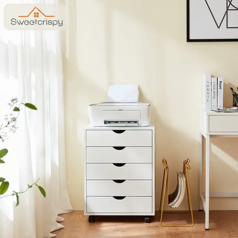 SweetFurniture Sturdy 5-Drawer Wood Bedroom Dresser - 4-Wheel Roll, 18.74" Compact Fit 5-Drawer Unit, Apartment Furniture, Furniture for Small Spaces, Top Decor Display Storage Cabinet