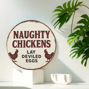 2D Flat, 1pc 8'’ Round Aluminum "Naughty Chickens Lay Deviled Eggs" Humorous Metal Sign - Farm Decor.Distressed Rustic Design, Pre-drilled Holes, Suitable for Chicken Coop, Kitchen, Patio.Durable Weather-Resistant Decor, Fun Gift for Chicken Lovers