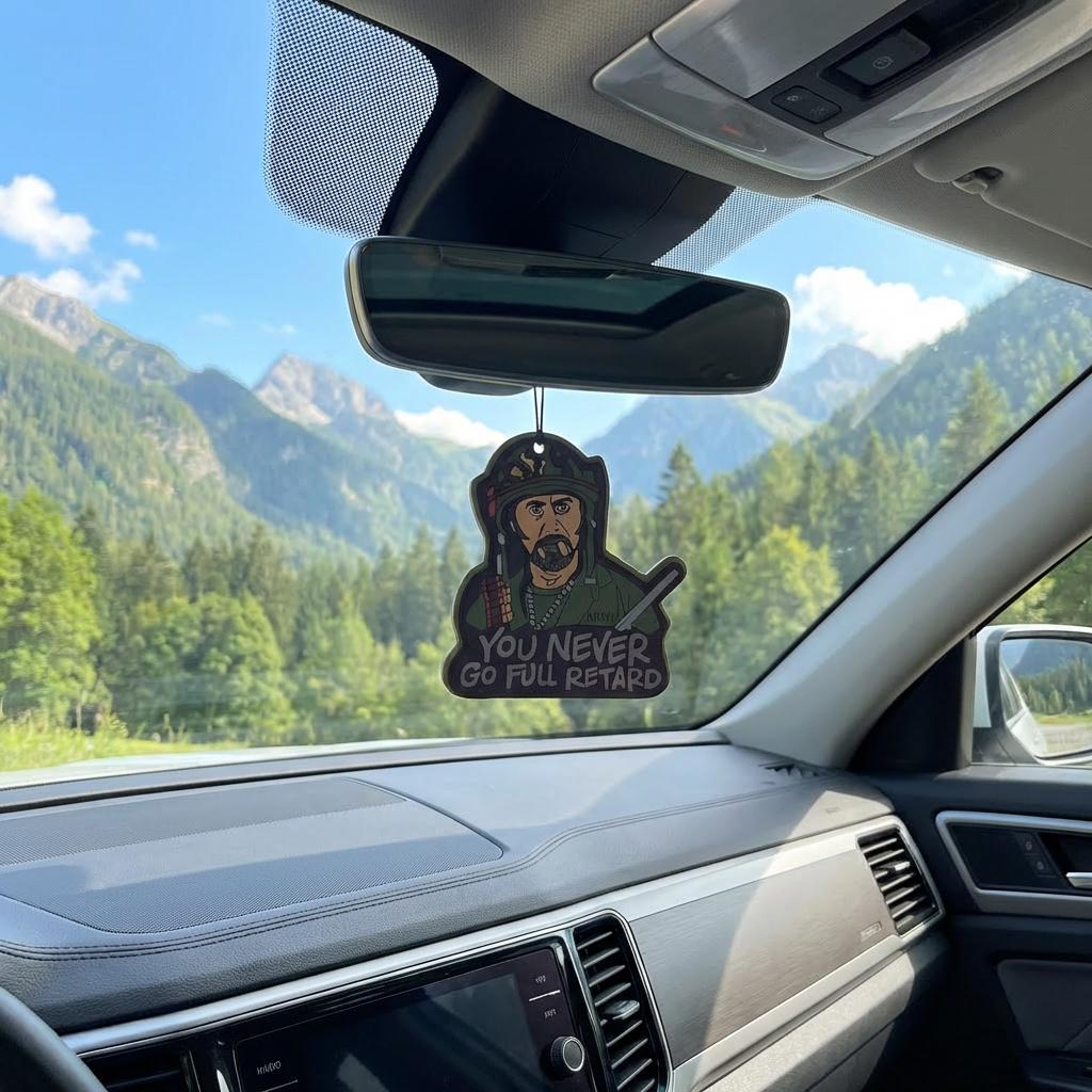 Novelty Car Air Freshener, Tropic Thunder "You Never Go Full Retard" Quote, Long Lasting Scent Pendant, Funny Military Man Cartoon Hanging Ornament for Car Interior Decor
