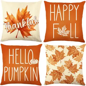4 Pack Fall Pillow Covers Decoration,18x18in Farmhouse Orange Maple Leaf Thanksgiving Throw Pillows Cushion Case Couch Decor for Autumn  Outdoor Decorations