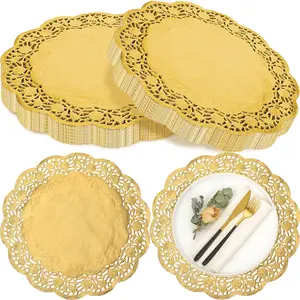 200 Pcs Lace Paper Doilies 14 Inches Disposable Foil Lace Placemats Large Round Paper Pad for Cakes Crafts Wedding Birthday Party Decoration Gold