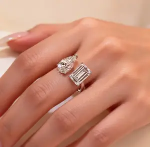 2-Stone Luxury Teardrop Sugar Cube Ring with Zircon Emerald Cut Teardrop Opening Ring Wedding Ring Elegant JewelleryAdjustable Zirconia Engagement Ring