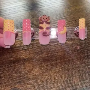 3D Monkey Press-On Nails with Pink and Yellow Polka Dot Design for Easy Application and Stylish Look