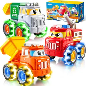 GlowRover 3 Pack Monster Truck Toys with LED Light Up Wheels Friction Powered City Utility Cars for Toddlers Boys Girls Age 18 Month and Up Birthday Gifts for ChristmasValentine's Day Gifts for Kids