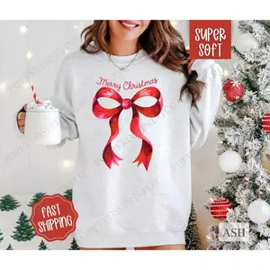 Coquette Christmas Sweatshirt, Preppy Merry Christmas Crewneck,  Womens Holiday Sweater