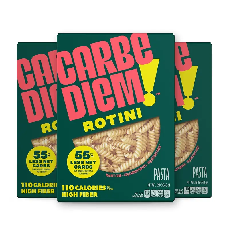 Carbe Diem!, Rotini, Lower Net Carb Pasta with Traditional Flavor & Texture, 8 grams of Protein, 55% Fewer Net Carbs & Only 110 Calories Per Serving, Pack of 3