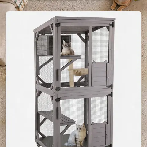 Aivituvin-AIR22 Classic Large Indoor/Outdoor Wood Frame Cat House - Portable, Waterproof Roof, Easy Cleaning, 13.2ft² Inner Space, 3 Platforms, Apartment Catio with Window-linked Entry - Connects to Slider Door for Pet Lovers (Combine 2 Sets Option)