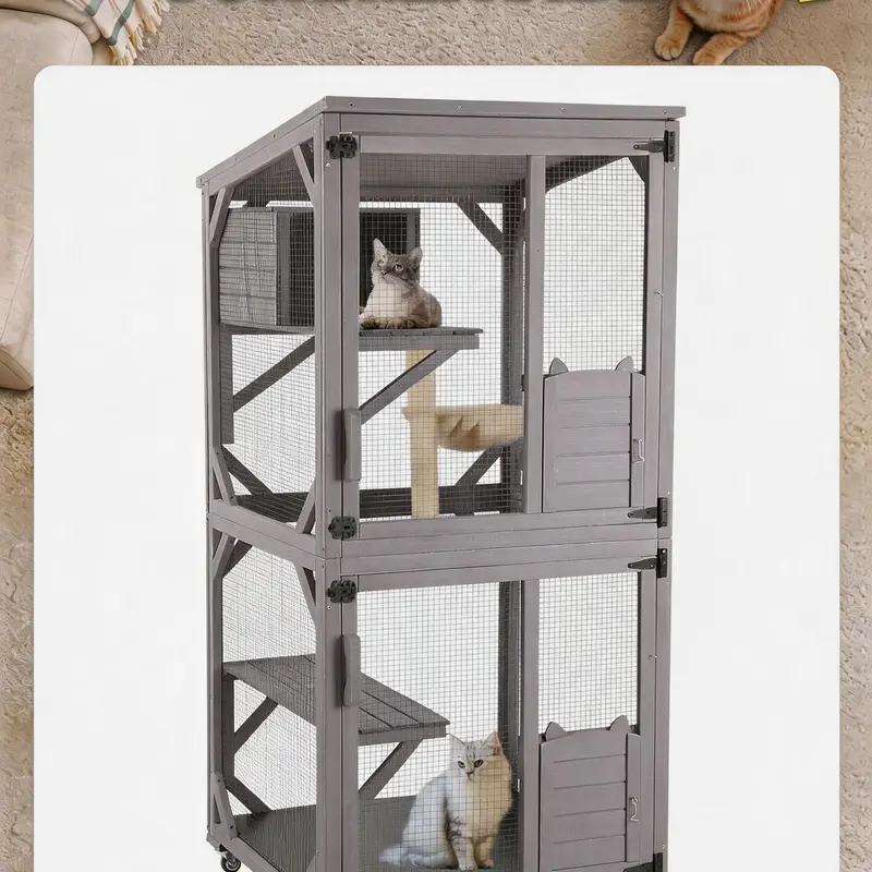 Aivituvin-AIR22 Classic Large Indoor/Outdoor Wood Frame Cat House - Portable, Waterproof Roof, Easy Cleaning, 13.2ft² Inner Space, 3 Platforms, Apartment Catio with Window-linked Entry - Connects to Slider Door for Pet Lovers (Combine 2 Sets Option),famil