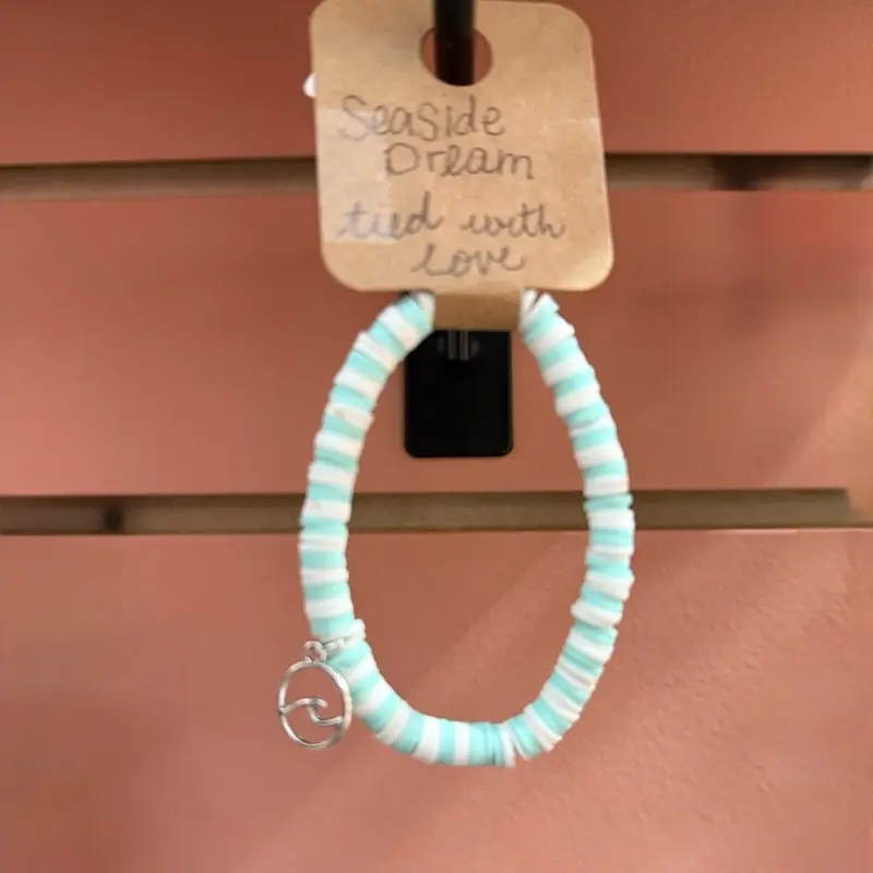 Seaside Dream Bangle - Unisex Silicone Beads with "Seaside Dream Tied with Love" Tag, Casual Style, Light Blue and White Striped Design bracelets