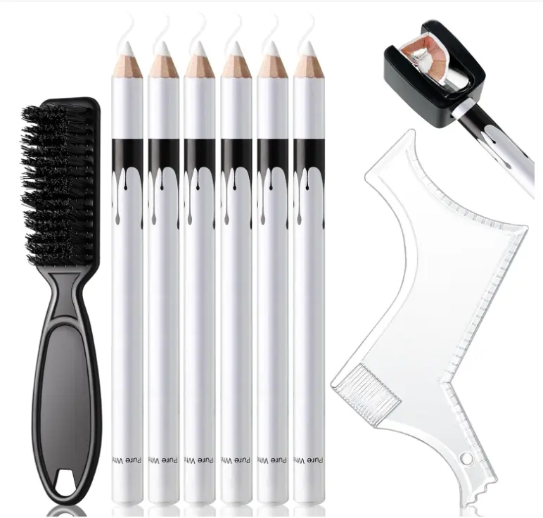 White Barber Pencil for Lineup Magic Hairline Beard Guide Shaping Pencils Barber Chalk for Design Hairline Razor Trace Barber Pencils Set with Sharpener Ruler Brush for Men