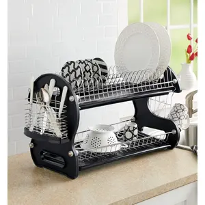 Montgomery Ward Retro 2-Tier Dish Rack Space-Saving Design with Durable Plastic Base and Chrome-Plated Wire Easy Assembly in Sleek Black Finish
