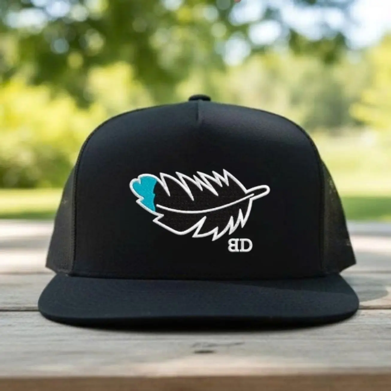 Feather Embroidered Trucker Hat - Retro Flat Bill Snapback Mesh Cap for Men & Women