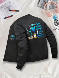 Women's Casual Knit Zipper Baseball Jacket, She Works Willingly Print, Fitted Style, All Seasons Wear, Fashionable Ladies Outerwear