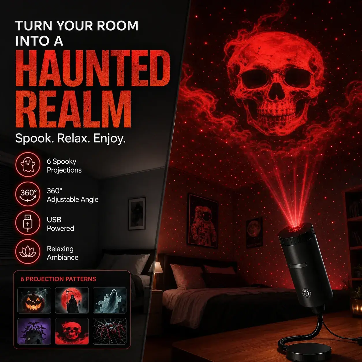 Halloween Projector Light USB Powered, Spooky Ghost Skull Pumpkin Projection Lamp, 6 Patterns Haunted Room Decor for Halloween Party Home Decoration
