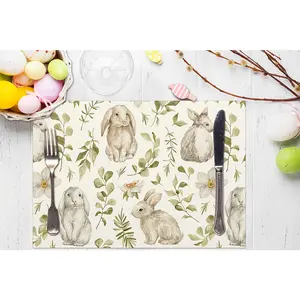 Easter Rabbits Placemats Bunny with Flowers Heat-Resistant Place Mats Seasonal Table Decors for Farmhouse Kitchen Dining Holiday Party 12x18 Inch Coasters Tableware
