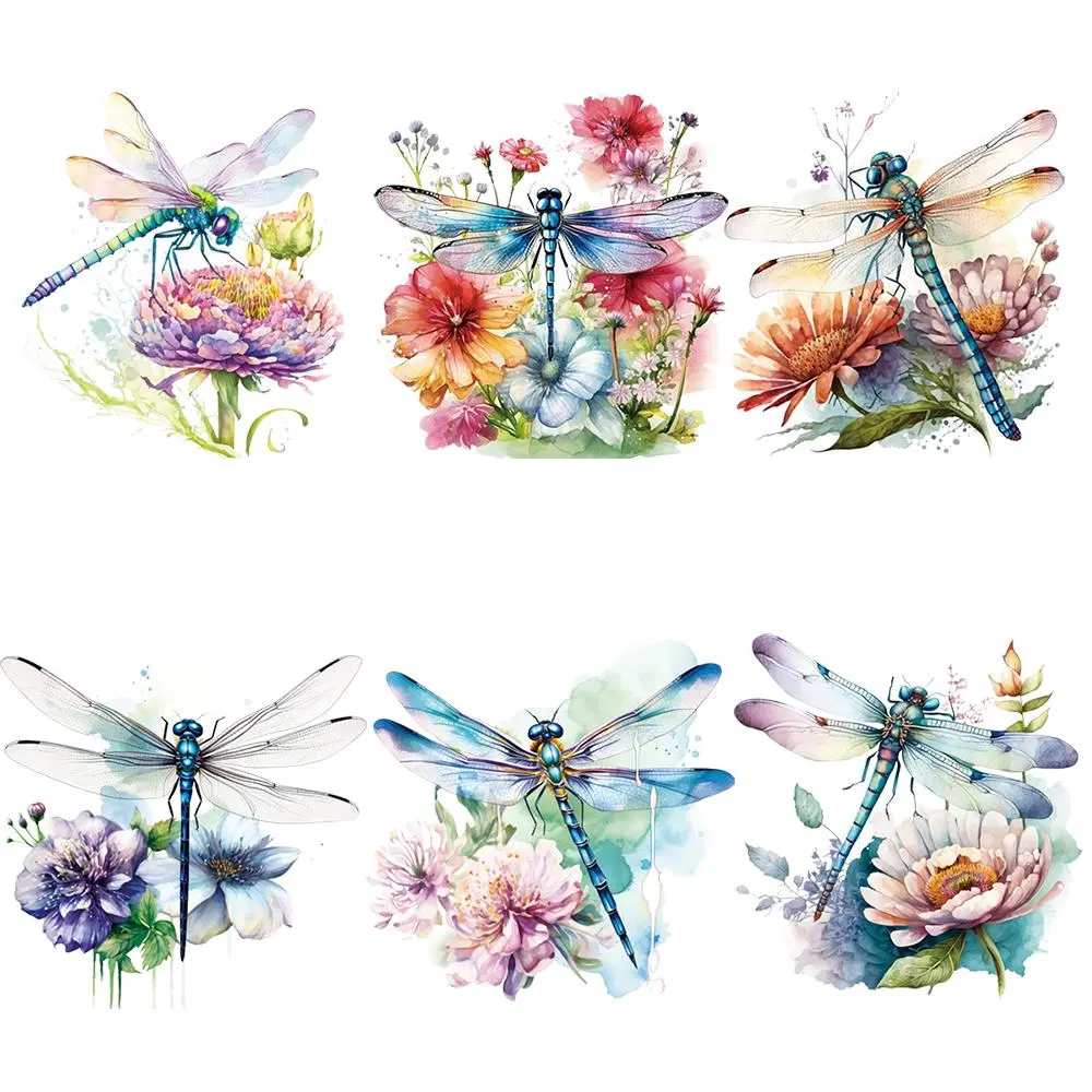 Watercolor Dragonfly Pattern Heat Transfer Sticker, 6 Counts/set Washable Heat Transfer Decals, DIY Clothing Decoration for T-shirt, Jeans, Backpack