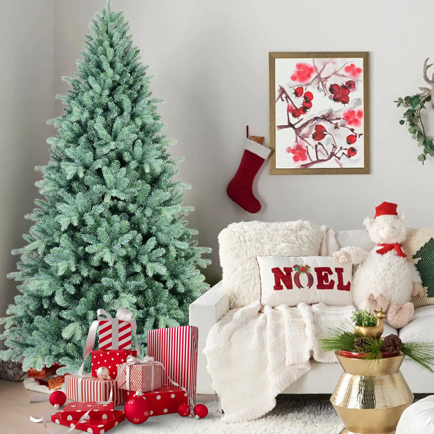 8FT Blue-Green Tint PE/PVC Blend Plastic Christmas Tree, Festive Home Decoration with 2458 Tips, Hinged Collapsible Branches, Full Natural Look, Stable Metal Stand, Easy Install, Ornaments-Ready Hardware
