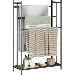 Free Standing Towel Rack for Bathroom, 25.2" L x 11.4" W x 39.4" H, 3-Tier Blanket Rack Stand with Bottom Mesh, Freestanding Quilt Stand with Adjustable , Industrial Style, Black BK09LB01