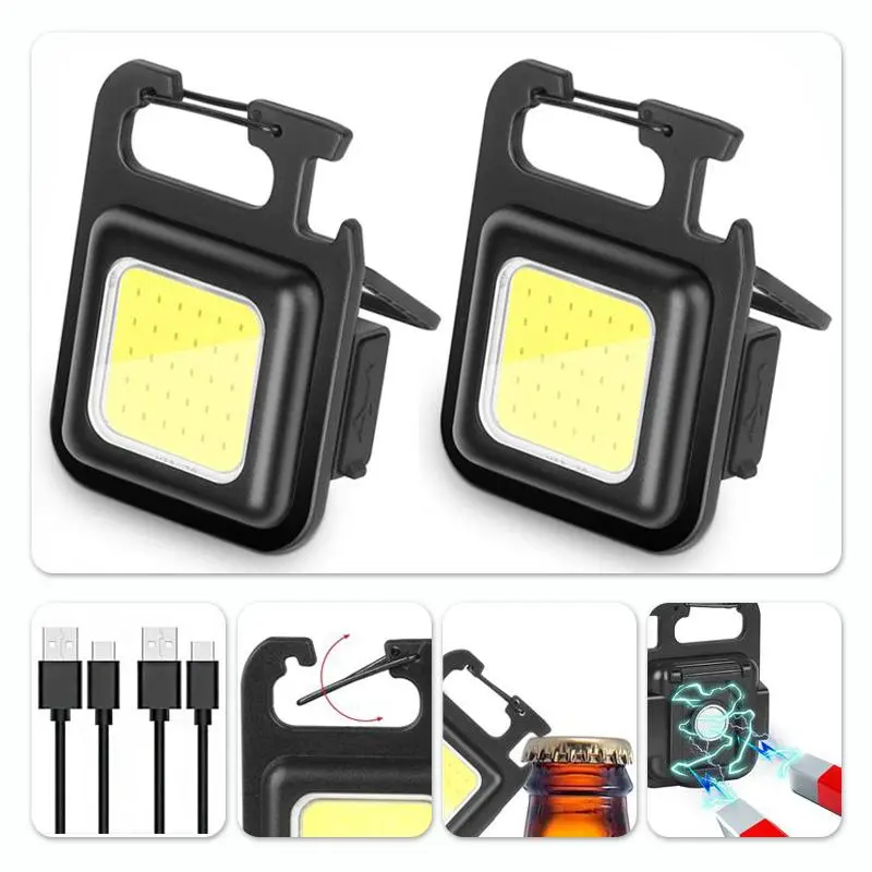 HYPERLITE 2-Pack Mini COB LED Flashlight - USB Rechargeable Keychain Light with 2 Charging Cables, Bottle Opener, Foldable Handle, Waterproof Design, 360° Illumination, 30% Low Power, Compact Portable Lighting Solutions for Camping, Emergencies