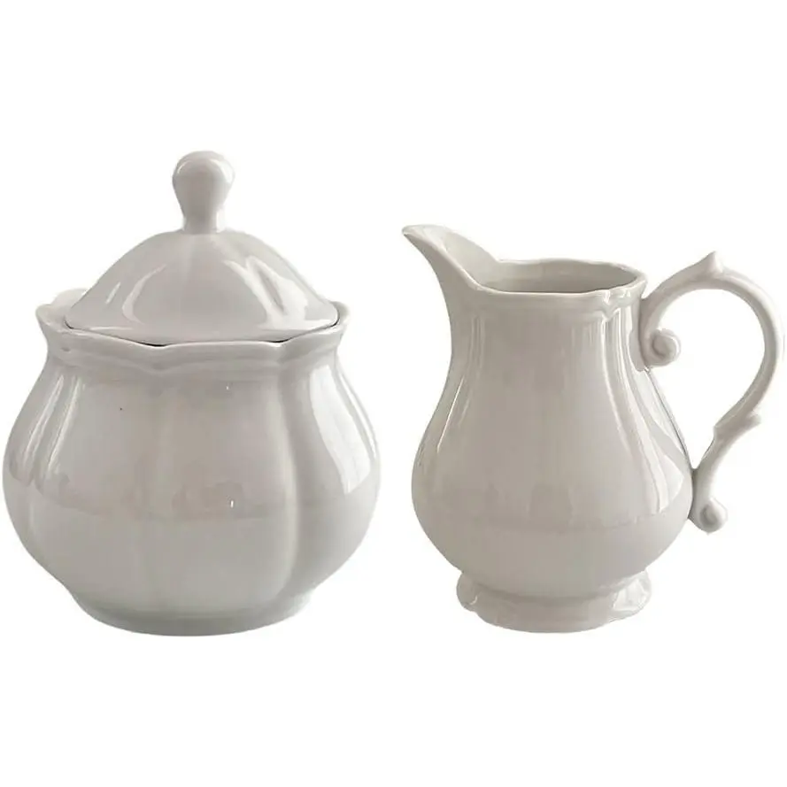 Vintage Embossed White Ceramic Creamer and Sugar Bowl Set with Lid Cream Pitcher Coffee Serving Set
