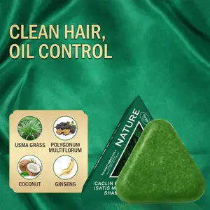 Nature Triangle Shampoo Bar Usman Grass Green Herbal Soap for Hair Growth Clean Oil Control with Polygonum Multiflorum Coconut Ginseng 80g Pack