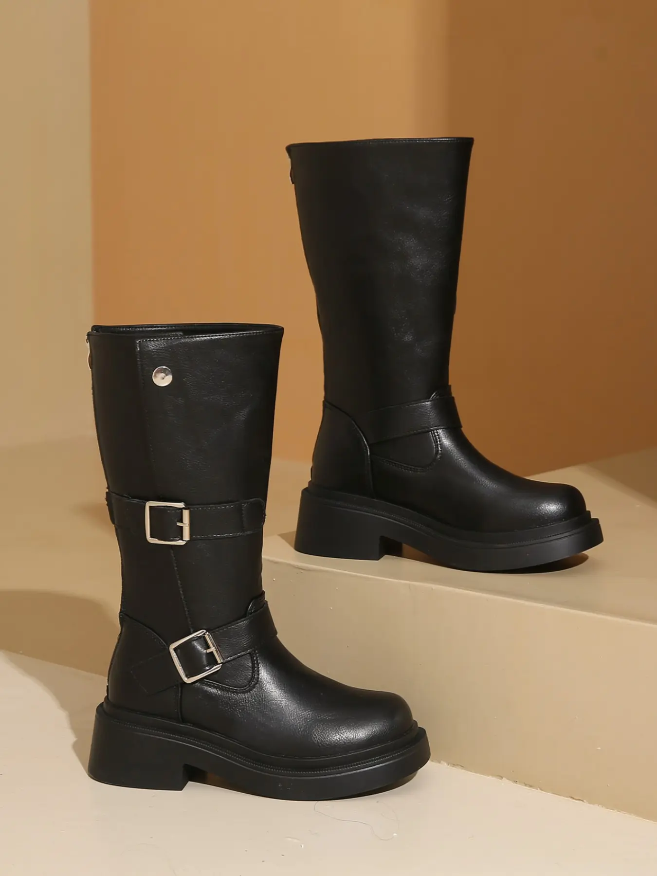 New Belt Buckle Mid-Calf Casual Boots, Thick Sole Chunky Heel Classic British Style Women's Motorcycle Knight Boots, Biker Boots