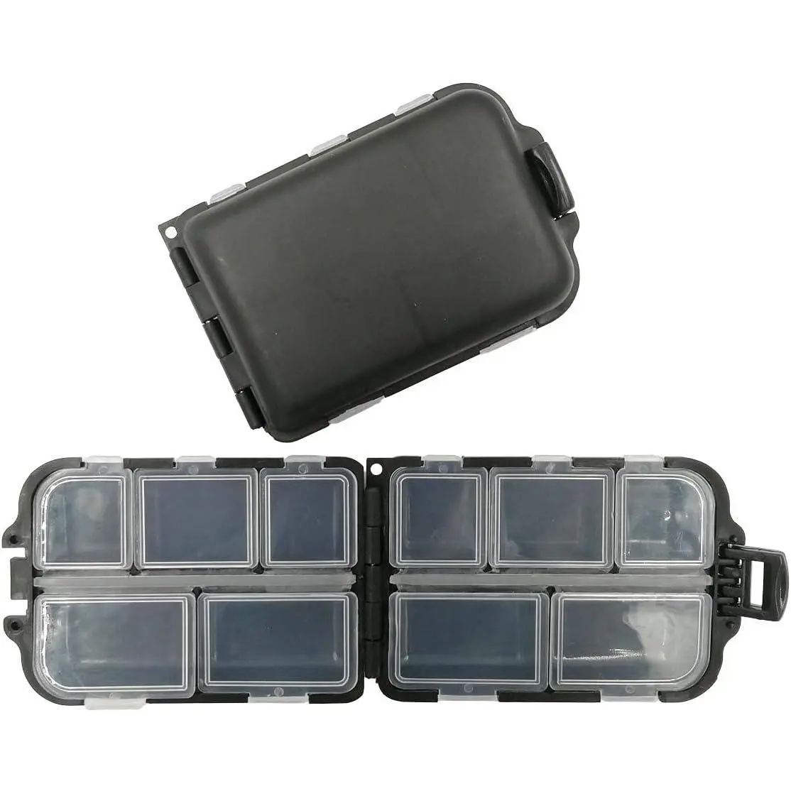 2x Small Hard Fishing Tackle Boxes - Portable 10-Compartment Storage Cases for Hooks, Lures, Baits, Swivels, Jigs, Fishing Sinkers (Black)