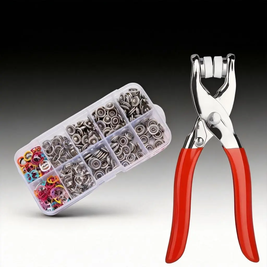 Stainless Steel Solid Snap Button Fastener Kit (3/8 in, 200 Sets) with Compact Installation Pliers, Secure Connection Tool for Crafters, Hobbyists, DIY Crafts, Home Sewing