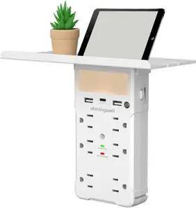 Wall Outlet Extender with Shelf & Night Light – 6 AC Outlets + 3 USB Ports (Including USB-C), Surge Protector for Home & Office