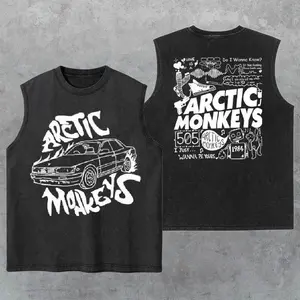 Two-sided Arctic Monkeys Washed Tank Top, Retro Rock Band Appreal, Gym Essential, Vintage Casual Crewneck Short Sleeves Menswear T-shirts Classic Cotton Fabric Streetwear