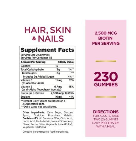 Nature's Bounty Hair Skin & Nails Gummies with 2500 mcg Biotin 230 Count Strawberry Flavor Antioxidant Vitamins C & E Edible Fitness Dietary Supplement for Beauty Healthcare Bathroom