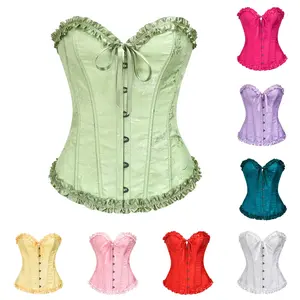 Women Sexy Gothic Satin Brocade Stays Corset Bustier Top Waist Shaper Overbust Boned Corset Top Lace Up Costume Fancy Dresses