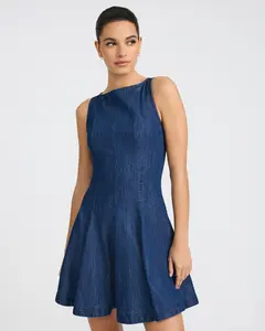 Express Denim Boat Neck Sleeveless Fit & Flare Mini Dress with Pockets