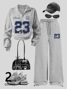 Women's Sleepwear Set, Loungewear, Stand Collar Long Sleeve Top with Long Pants, Letter Print, Loose Fit, Comfortable for Home or Outdoors, Fall & Winter